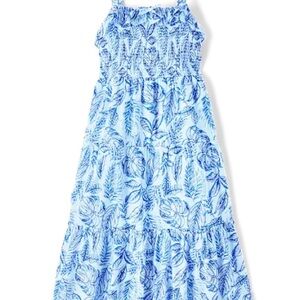 Blue and White Leaf Print Smocked Midi tiered Sundress Women’s M.
